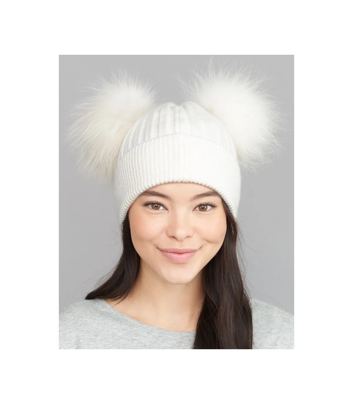 The Ky Double Pom Pom Beanie Hat in White: FurHatWorld.com