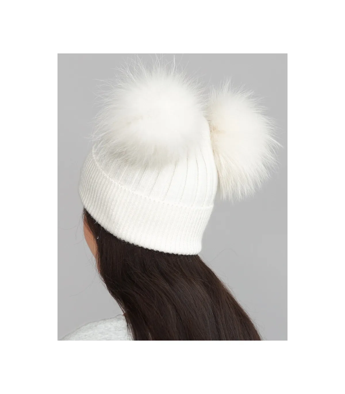 The Ky Double Pom Pom Beanie Hat in White: FurHatWorld.com