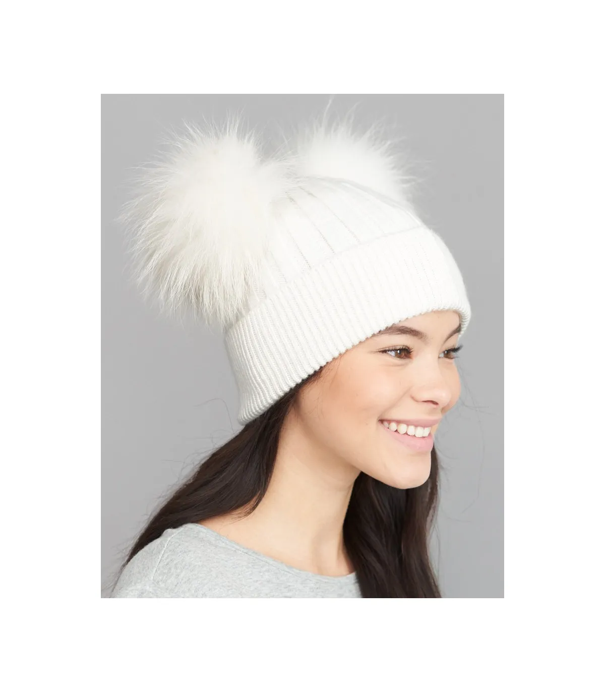 The Ky Double Pom Pom Beanie Hat in White: FurHatWorld.com