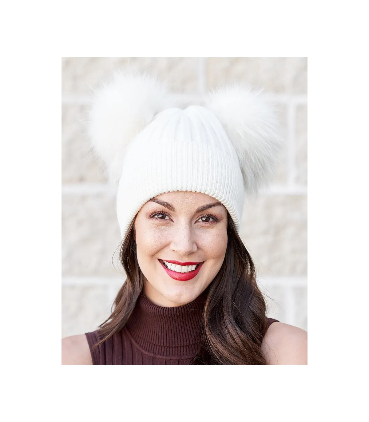 The Ky Double Pom Pom Beanie Hat in White: FurHatWorld.com