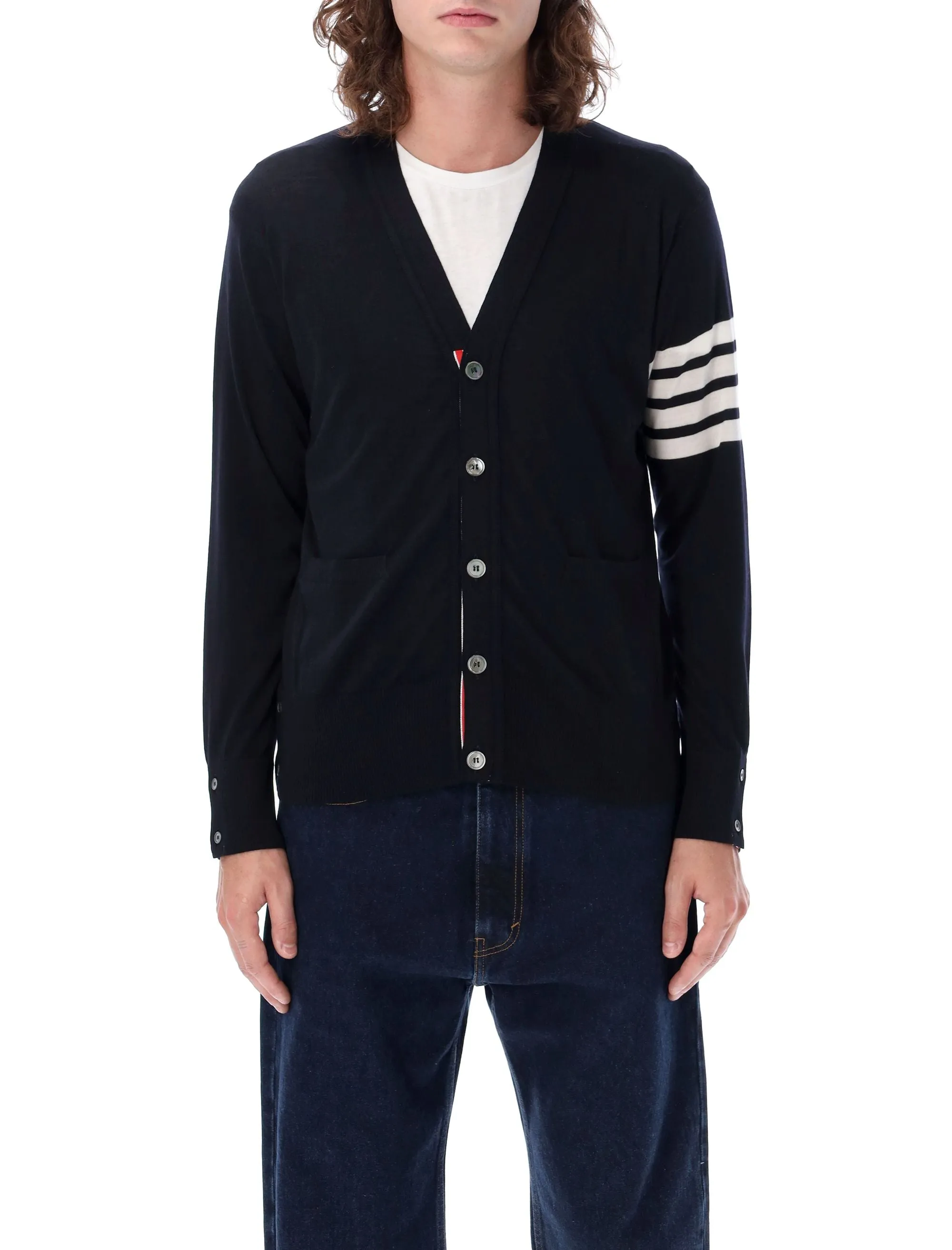 THOM BROWNE Classic V-Neck Wool Cardigan in Navy - Size 3