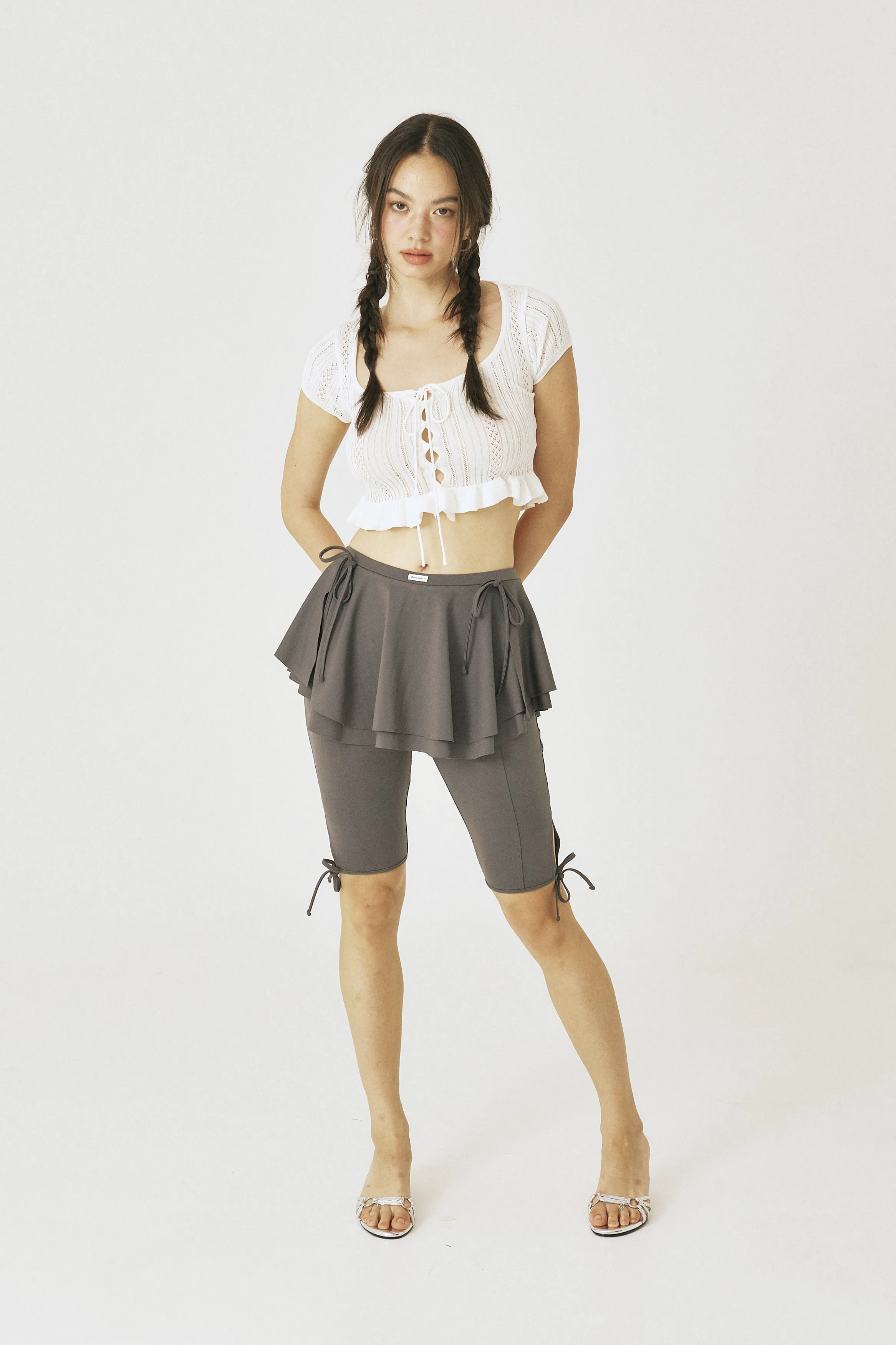 threetimes lace-up cropped tops