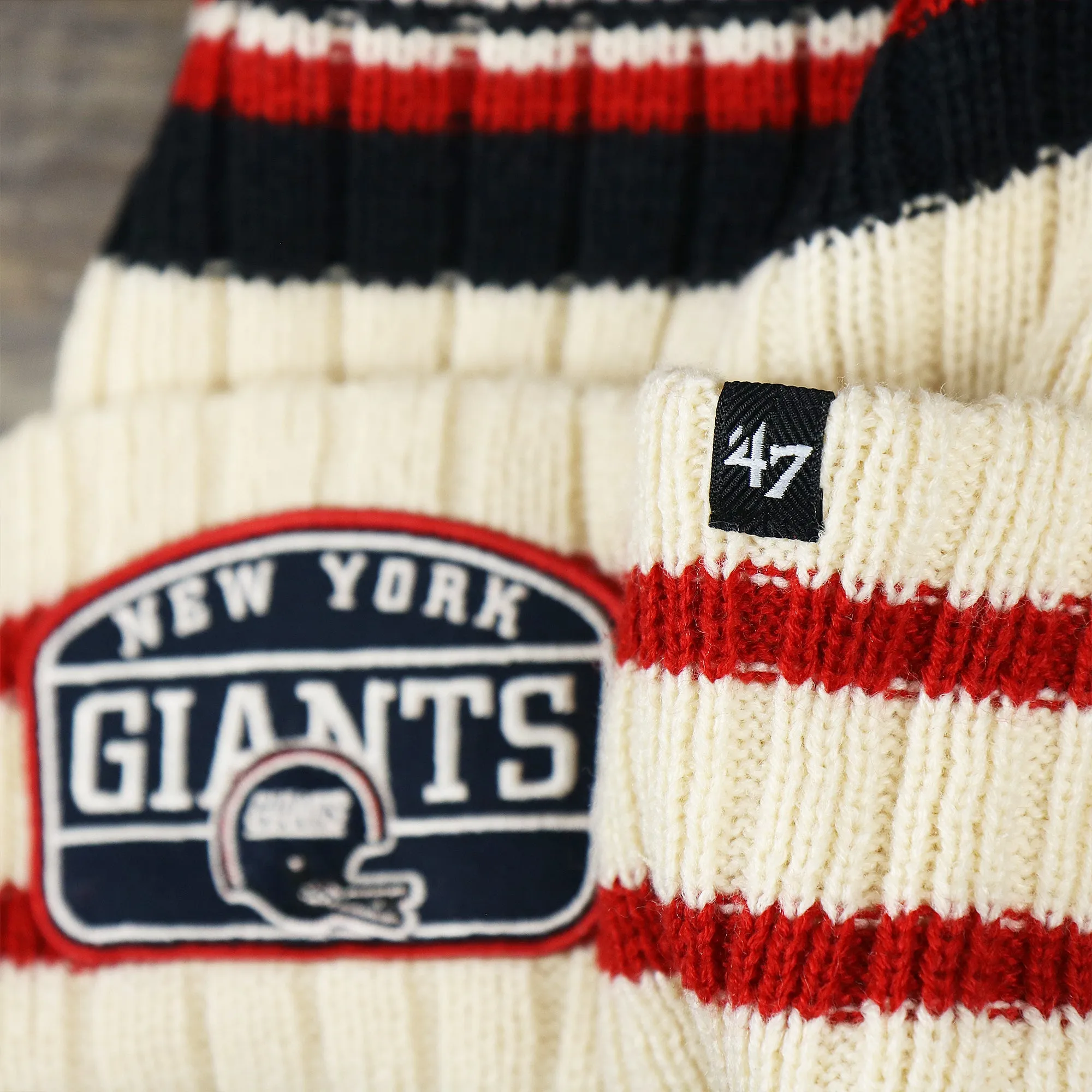 Throwback New York Giants Legacy Giants Helmet Patch Pom Pom Beanie | Natural Beanie