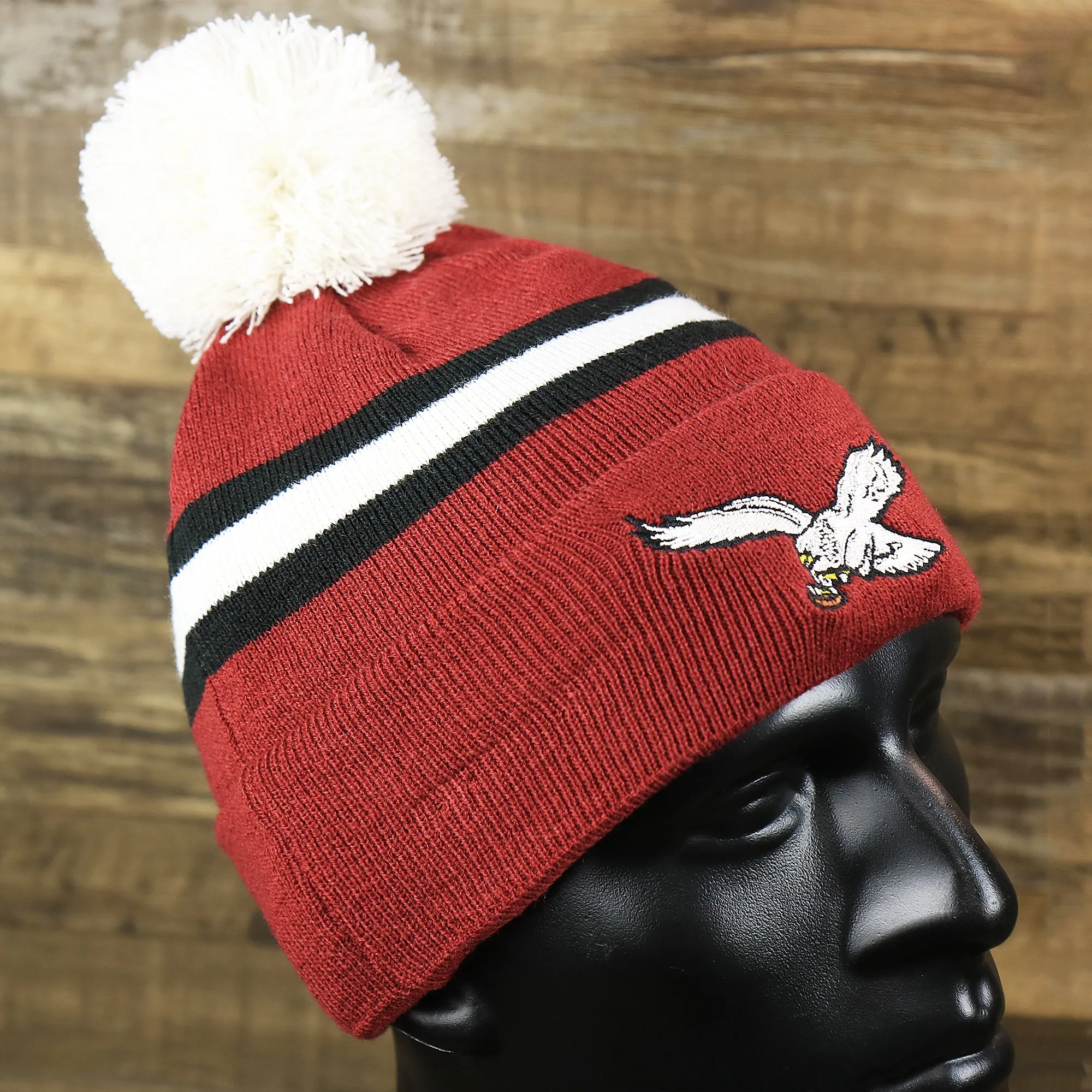 Throwback Philadelphia Eagles White Logo Striped Cuffed Winter Beanie | Maroon Knit Hat