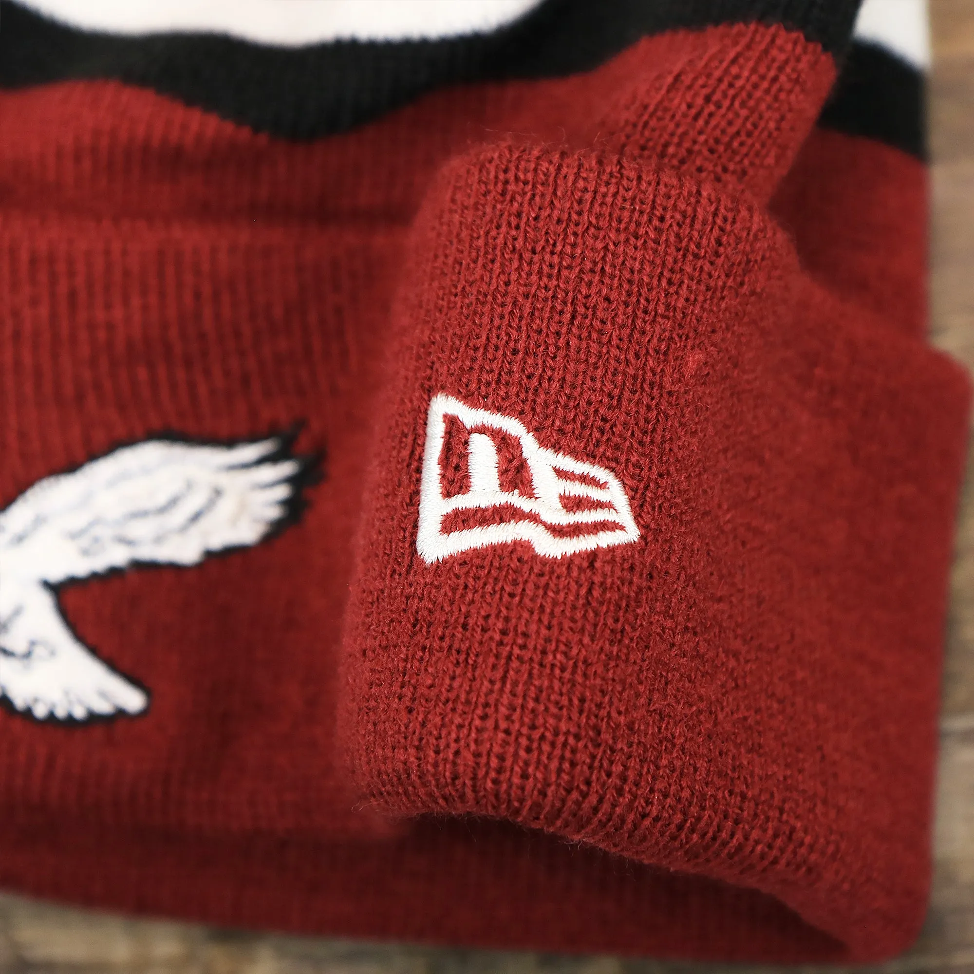 Throwback Philadelphia Eagles White Logo Striped Cuffed Winter Beanie | Maroon Knit Hat