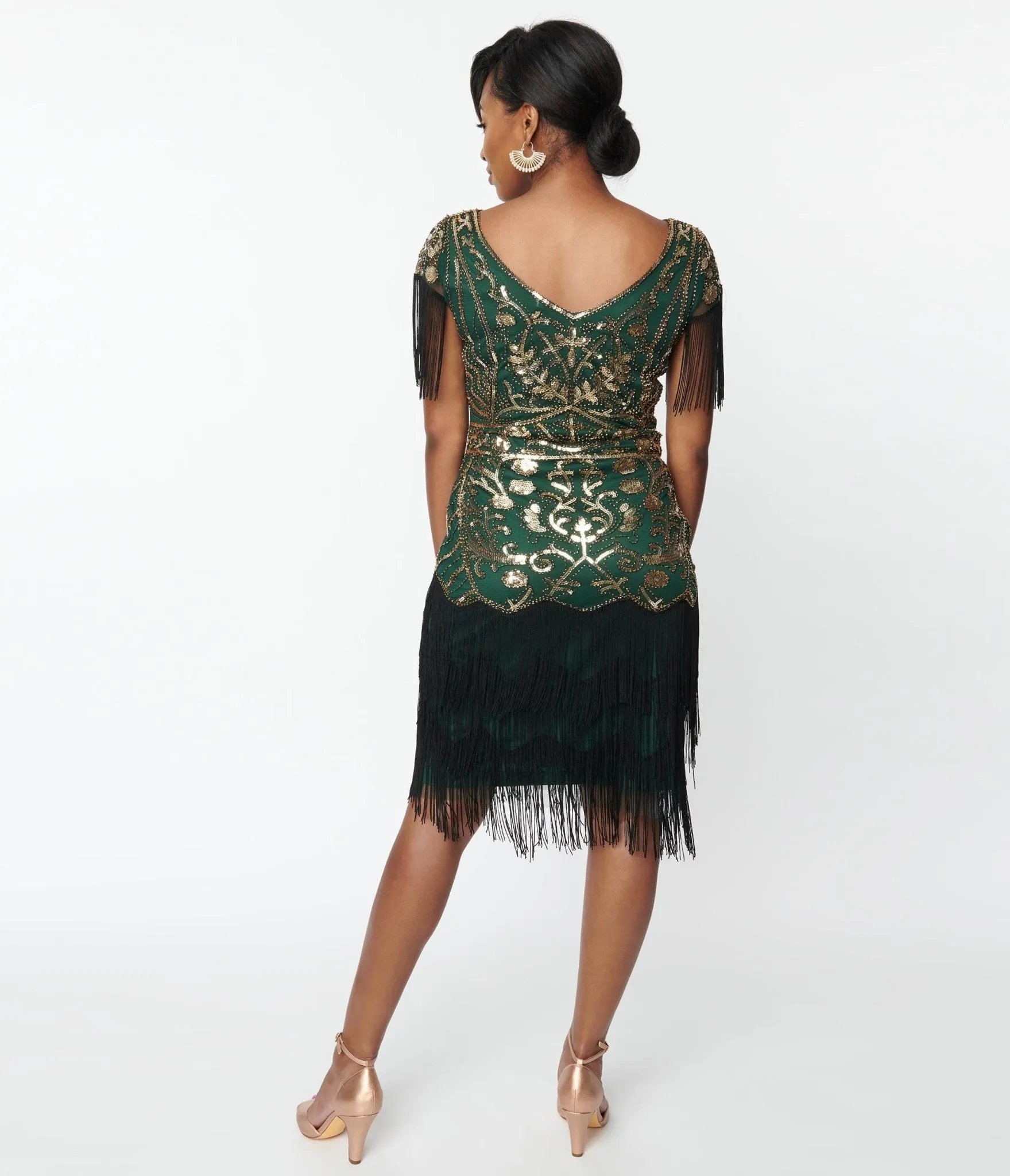 Unique Vintage 1920s Emerald & Gold Sequin Fringe Flapper Dress