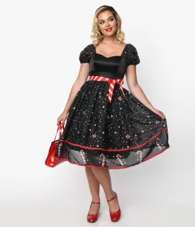 Unique Vintage Black Candy Cane Sprinkles Swing Dress