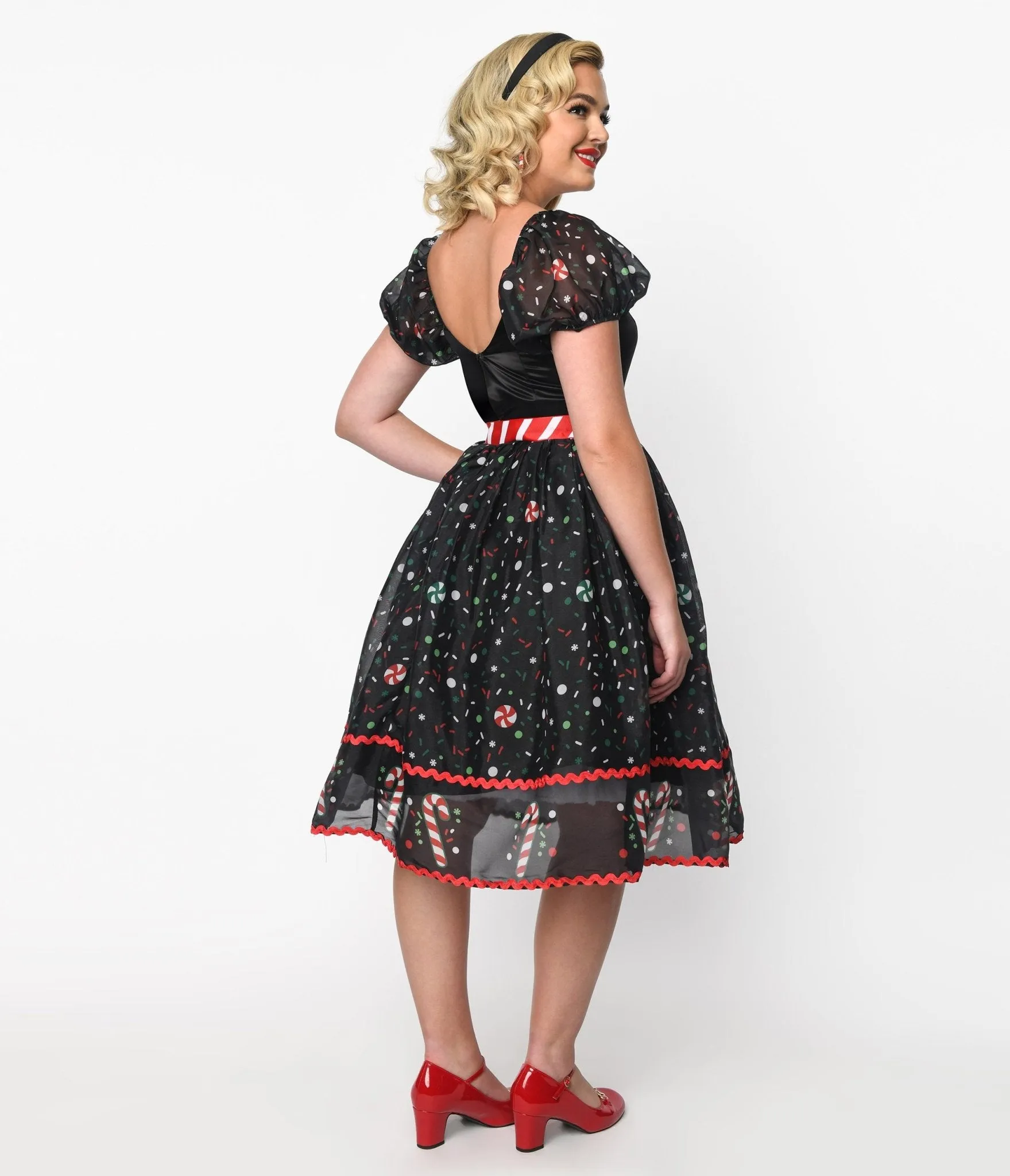 Unique Vintage Black Candy Cane Sprinkles Swing Dress