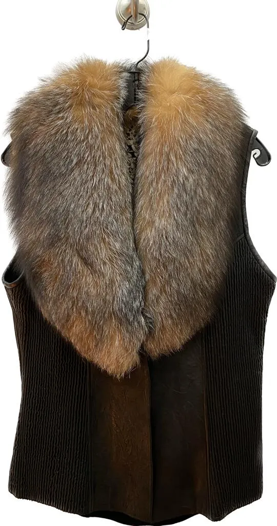 V9170Z - Black Sheepskin Leather Vest with Fox Fur for Women