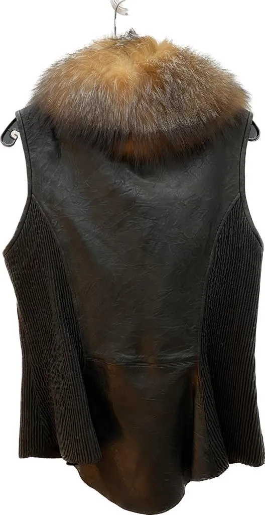 V9170Z - Black Sheepskin Leather Vest with Fox Fur for Women