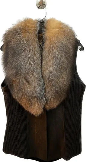 V9170Z - Black Sheepskin Leather Vest with Fox Fur for Women