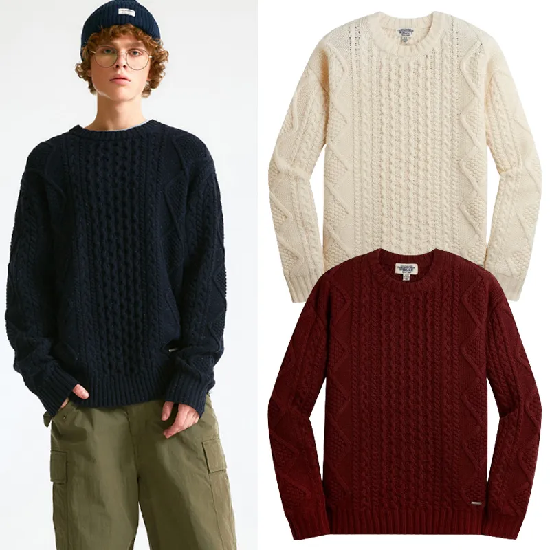 WHO.A.U | Cable Knit Unisex Wool Nylon Street Style Long Sleeves Plain Sweater