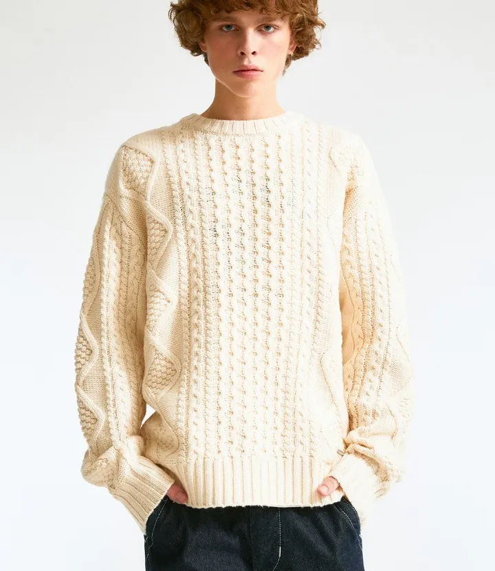 WHO.A.U | Cable Knit Unisex Wool Nylon Street Style Long Sleeves Plain Sweater