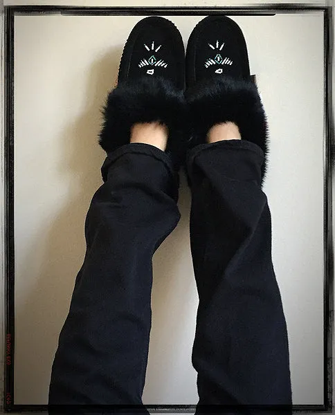 Women's Fur Lined Black Suede Moccasins