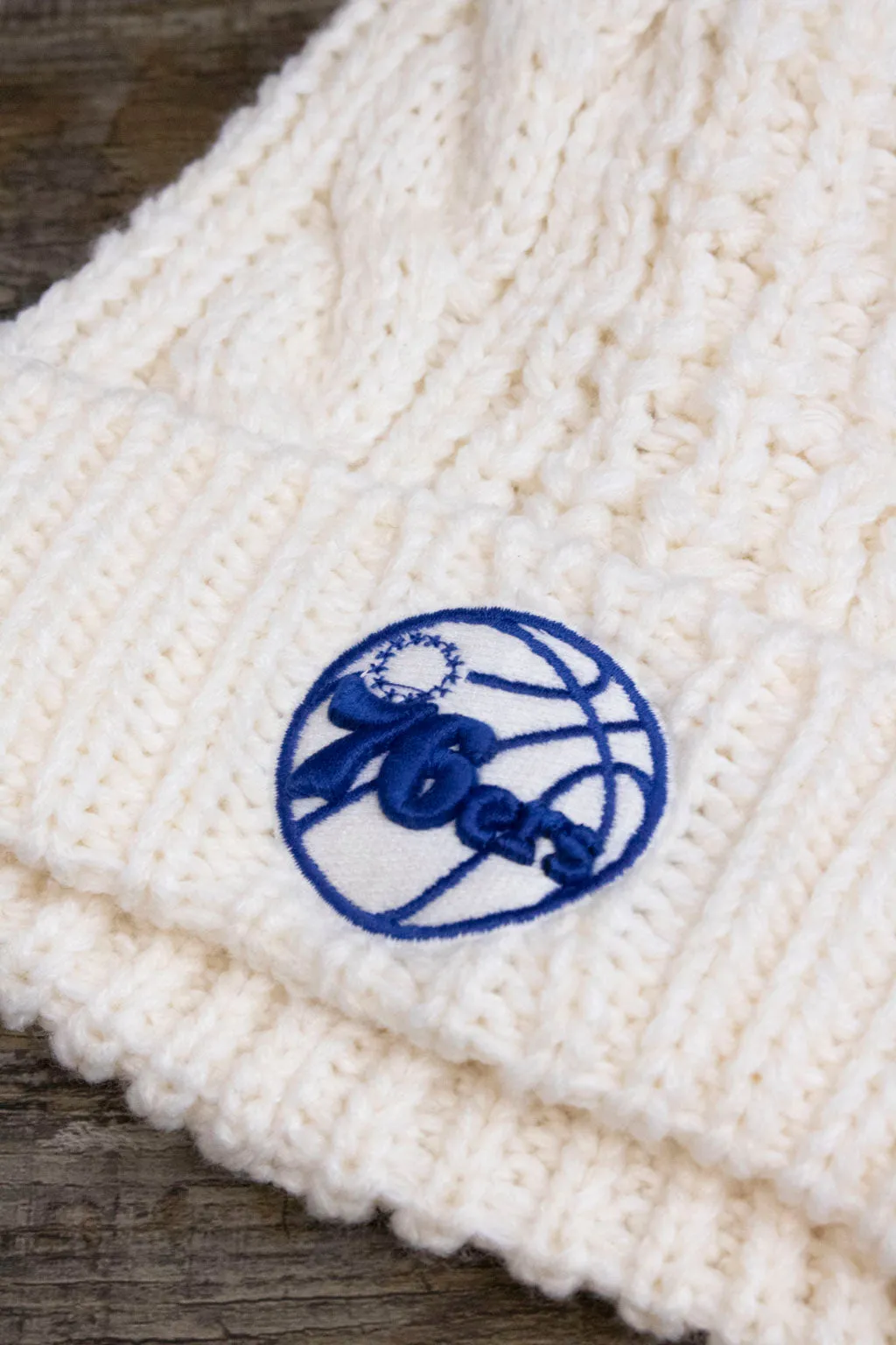 Women's Philadelphia 78ers White Winter Knit Beanie with Meeko Pom Pom