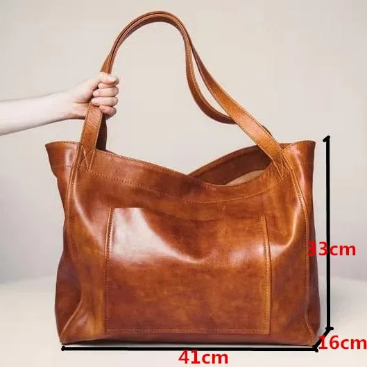 Women's Pockets Soft Tote Portable Shoulder Retro Oil Waxed Leather Large Capacity Bag