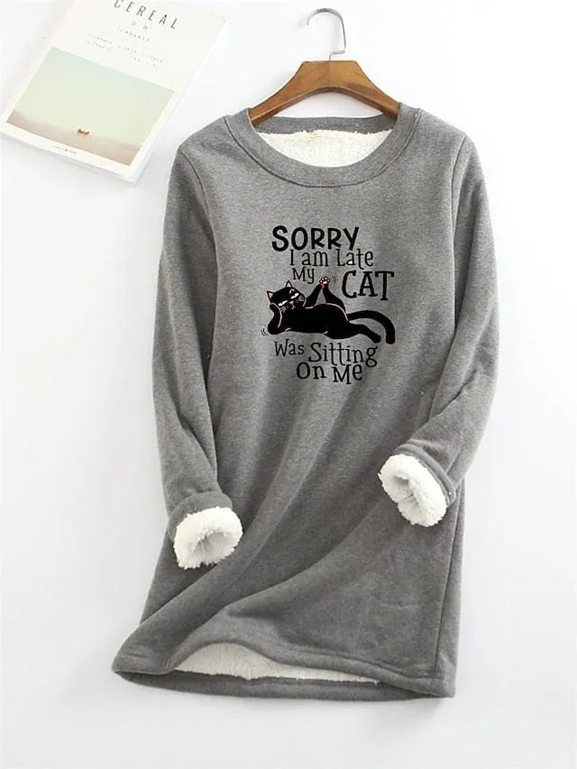 Women's Sherpa Fleece Cozy Cat Letter Sweatshirt