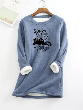 Women's Sherpa Fleece Cozy Cat Letter Sweatshirt