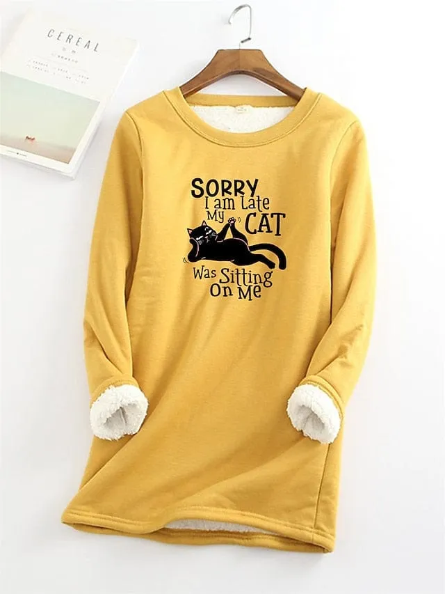 Women's Sherpa Fleece Cozy Cat Letter Sweatshirt