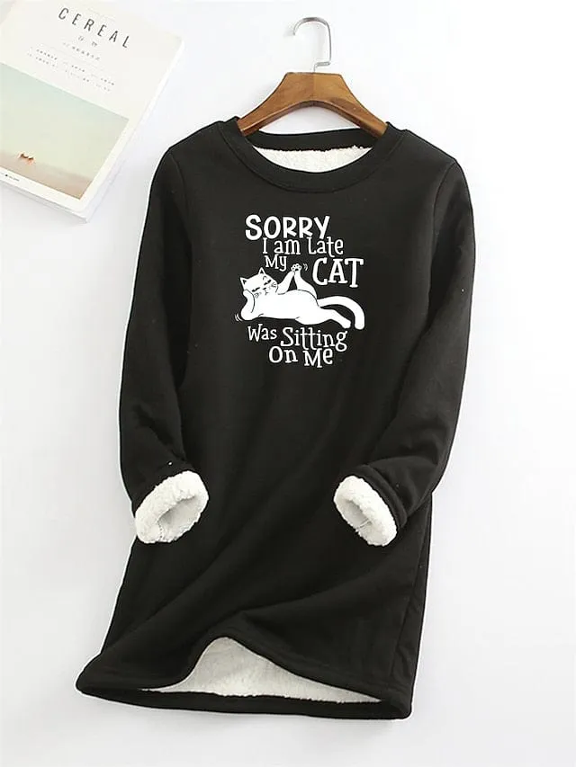 Women's Sherpa Fleece Cozy Cat Letter Sweatshirt