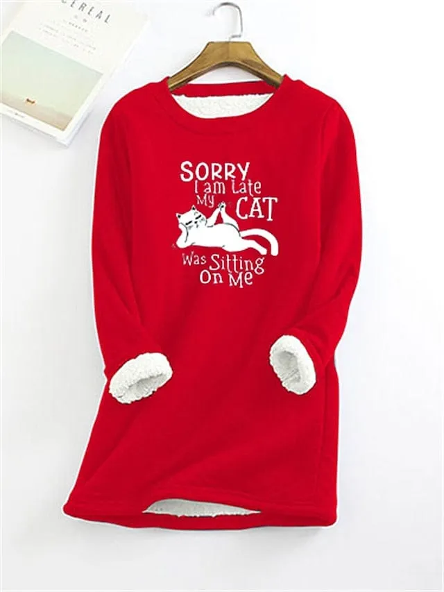 Women's Sherpa Fleece Cozy Cat Letter Sweatshirt