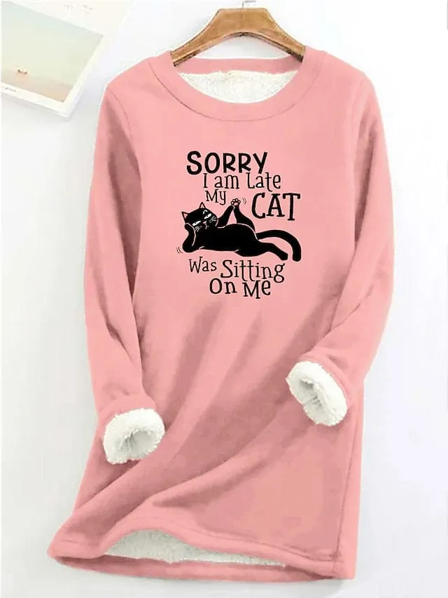 Women's Sherpa Fleece Cozy Cat Letter Sweatshirt