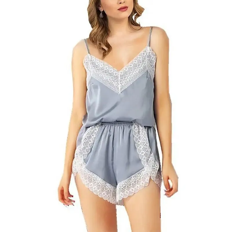 Women's Silk Satin Pajama Set - Sling Sleepwear, Casual and Sexy, V Neck with Lace Detail, Sweet Two-piece Nightwear for Summer 