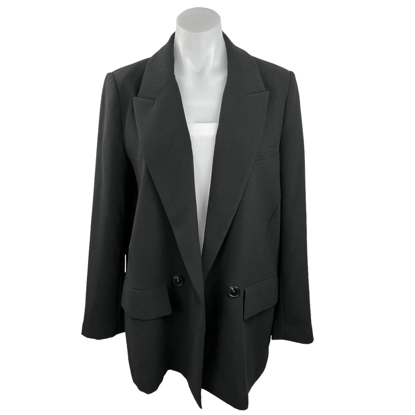 Zara Black Double Breasted Long Sleeve Career Business Blazer Coat Jacket Sz L