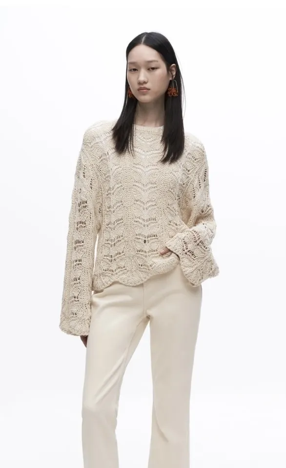 ZARA Boat Neck Cable Knit Sweater with Long Sleeves | Medium | Plain